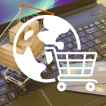 Abbildung von einem Laptop und gefülltem Einkaufswagen, überlagert von einer gezeichneten Weltkugel mit Einkaufswagen